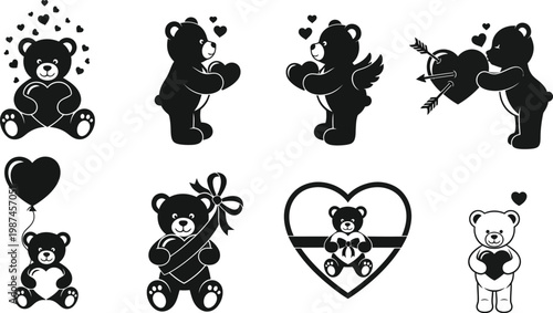 Romantic Valentine Teddy Bear Heart Silhouette Vector Set