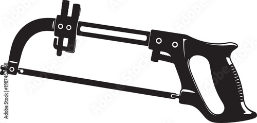 Black handheld hacksaw tool with extended blade and ergonomic handle also transparent background