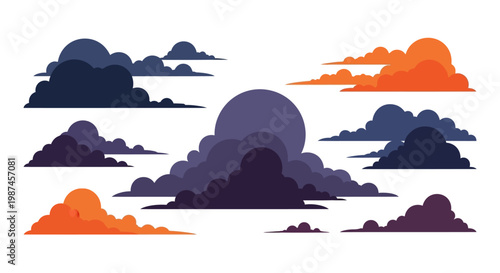 Set of various stylized clouds in different colors and shapes.