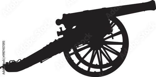 Black silhouette of a historic cannon on wheels also transparent background