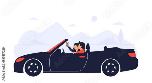 Two friends enjoying a scenic road trip in a stylish convertible car taking a selfie.