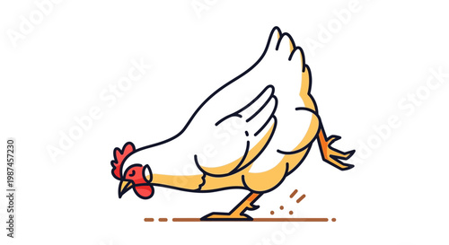 White chicken pecking at the ground in a simple cartoon style.