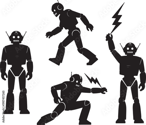 Set of black silhouettes of robots in various dynamic poses and actions, including standing, running, kneeling, and holding lightning bolts also transparent background