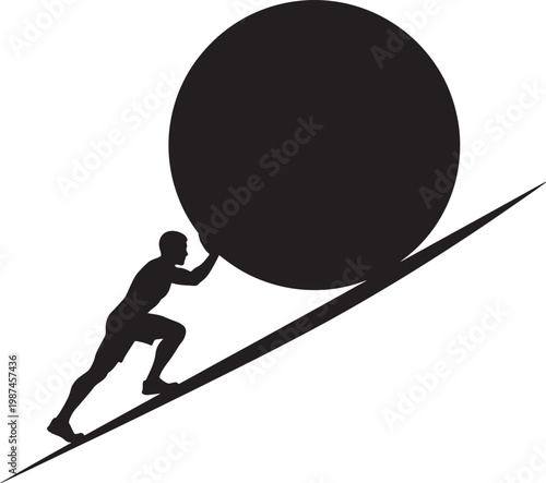 Silhouette of a person pushing a large black sphere up a steep incline also transparent background