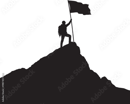 Silhouette of a person standing on a mountain peak holding a flag also transparent background