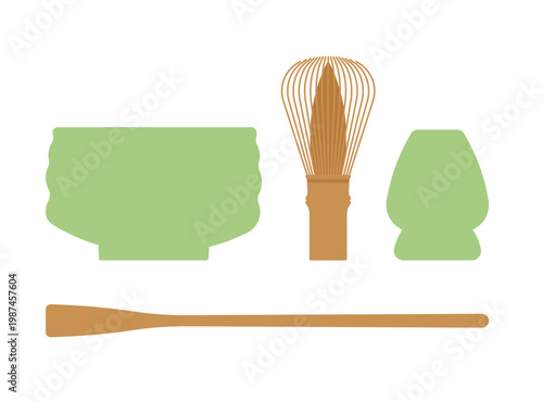 Matcha tea tools set with bowl, bamboo whisk, whisk holder and scoop, traditional Japanese tea ceremony objects. Simplicity vector illustration, isolated.