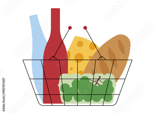 Grocery basket with food products including bread, cheese, grapes and bottle, shopping and supermarket concept. Simplicity vector illustration, isolated.