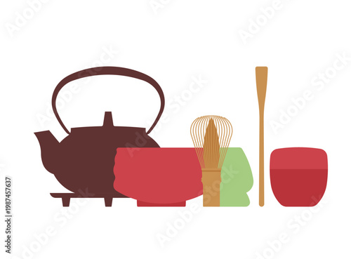 Japanese tea ceremony set with teapot, matcha bowl, bamboo whisk, holder and scoop, traditional tea preparation composition. Simplicity vector illustration, isolated.