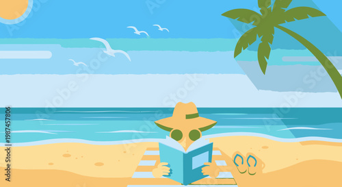 Beach scene with person reading book enjoying sunlight and ocean view leisure concept