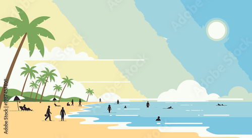 Beach scene with people and palm trees vector illustration