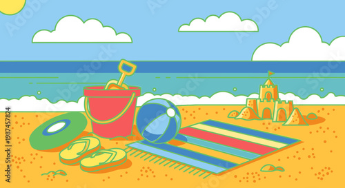 Beach scene with sandcastle bucket beach ball towel flip flops and ocean under sunny blue sky