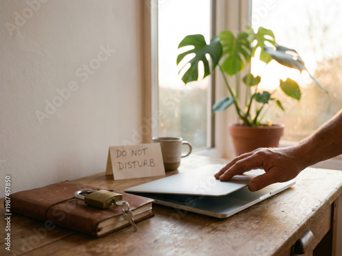 A persons hand on a laptop on a wooden desk with a do not disturb sign and a plant in the background near a sunny window