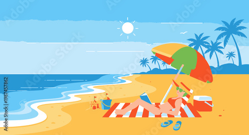 Beach scene with sun umbrella person relaxing sand and ocean under a sunny sky summer vacation theme