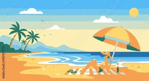 Beach vacation illustration person under umbrella sunbathing