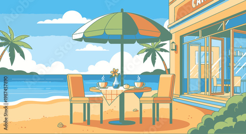 Beachfront cafe scene illustration table and chairs umbrella and sea view