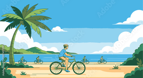 Bicycle riders by the coastline sunny day outdoor activity illustration