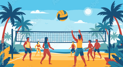 Beach volleyball game illustration people playing vector design