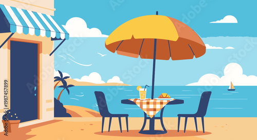 Beachfront cafe scene with umbrella table setting sea and sky background vector illustration