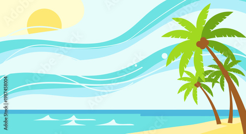Coastal scene with stylized palm trees ocean sun and sky idyllic daytime illustration for vacation travel and background