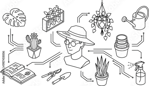 Gardener man with isometric plant care icons including cactus tools and watering equipment.