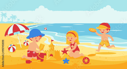 Children playing at the beach building sandcastles and having fun during summertime vacation vector illustration