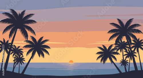 Coastal sunset scene with palm tree silhouettes