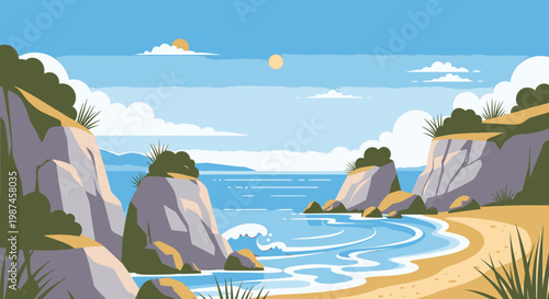 Coastal scene with beach and cliffs under blue sky illustration