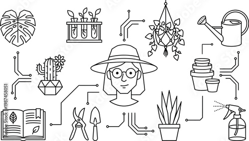 Horticulture expert with botanical plant care icons for home gardening and indoor growth.
