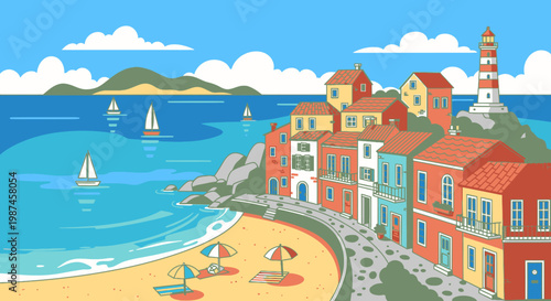 Coastal village illustration seaside buildings and sailing vessels daytime scene