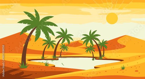 Desert oasis illustration palm trees sand dunes sun