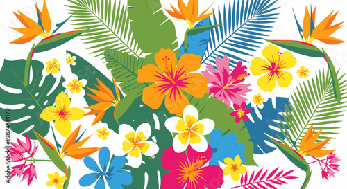 Floral tropical arrangement vibrant colors lush green leaves bird paradise flowers