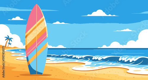 Colorful surfboard on sandy beach with ocean and blue sky