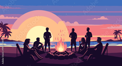People gathered around bonfire on beach at sunset