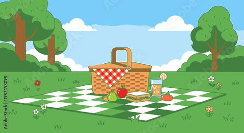 Picnic scene with basket blanket and food cartoon illustration