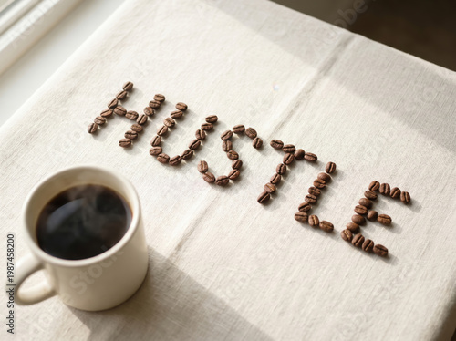 A steaming cup of coffee and coffee beans spelling out the word hustle on a beige tablecloth