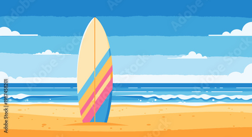 Surfboard on sandy beach by the ocean under cloudy sky