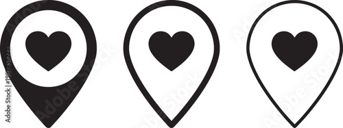Three black map marker with heart symbols in different outline styles also transparent background, teardrop shape