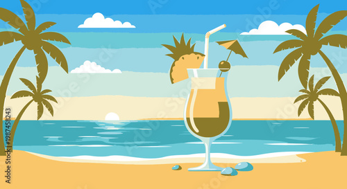 Tropical cocktail beach scene palm trees summer day coastal beverage illustration