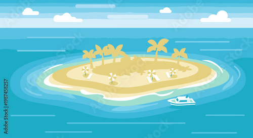 Tropical island scene with palm trees and ocean waters illustration