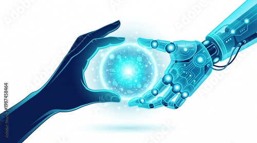 Concept of human and artificial intelligence hands holding a glowing energy sphere