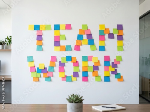 Colorful sticky notes spelling out teamwork on office wall with desk and plant