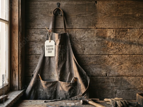 A rustic brown leather apron hangs on a wooden wall next to a window with a happy labor day tag, surrounded by tools on a workbench