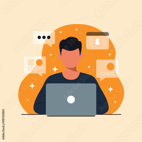 A man working on a laptop. A simple vector illustration of a calm and confident work environment.