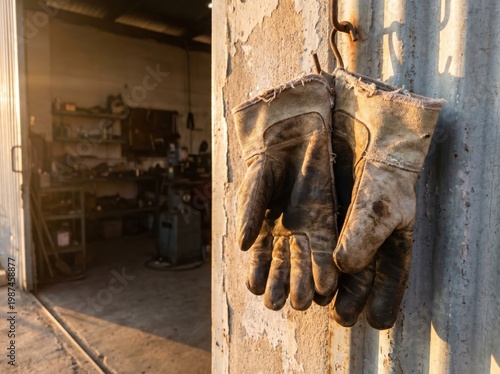 A pair of worn and dirty work gloves hanging on a hook in a workshop or garage with a concrete floor and various tools and equipment