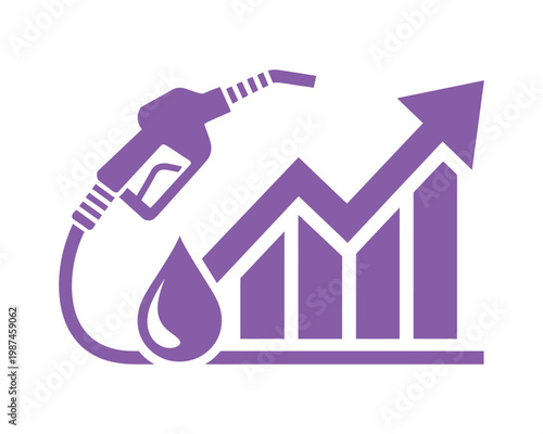 Gas prices inflation vector with fuel nozzle and rising bar graph showing global economic energy crisis concept in purple color.