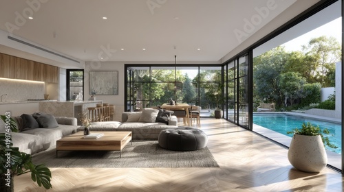 a living room space with a modern open plan kitchen to the left and sofa living room area to the right with big bifold windows full back of this space with view of a swimming pool
