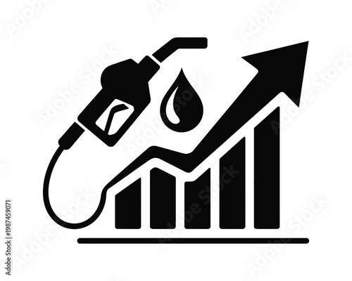 Energy cost rising graph with fuel pump nozzle and oil drop representing financial impact of petroleum price increase at station.