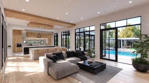 a living room space with a modern open plan kitchen to the left and sofa living room area to the right with big bifold windows full back of this space with view of a swimming pool
