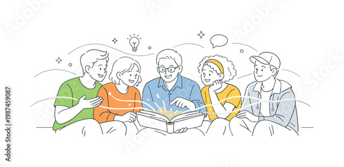 Reading together shared learning scene showing a small group of people sitting closely and engaging with a book while exchanging ideas and enjoying a calm moment, using
