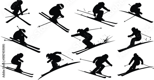 Skiing silhouettes collection featuring dynamic winter sports action poses, freestyle jumps, downhill motion, isolated black vector figures for design use